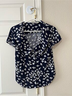 Maeve Anthropologie Simona Printed Bird Top Navy White Rayon Blouse Size 2